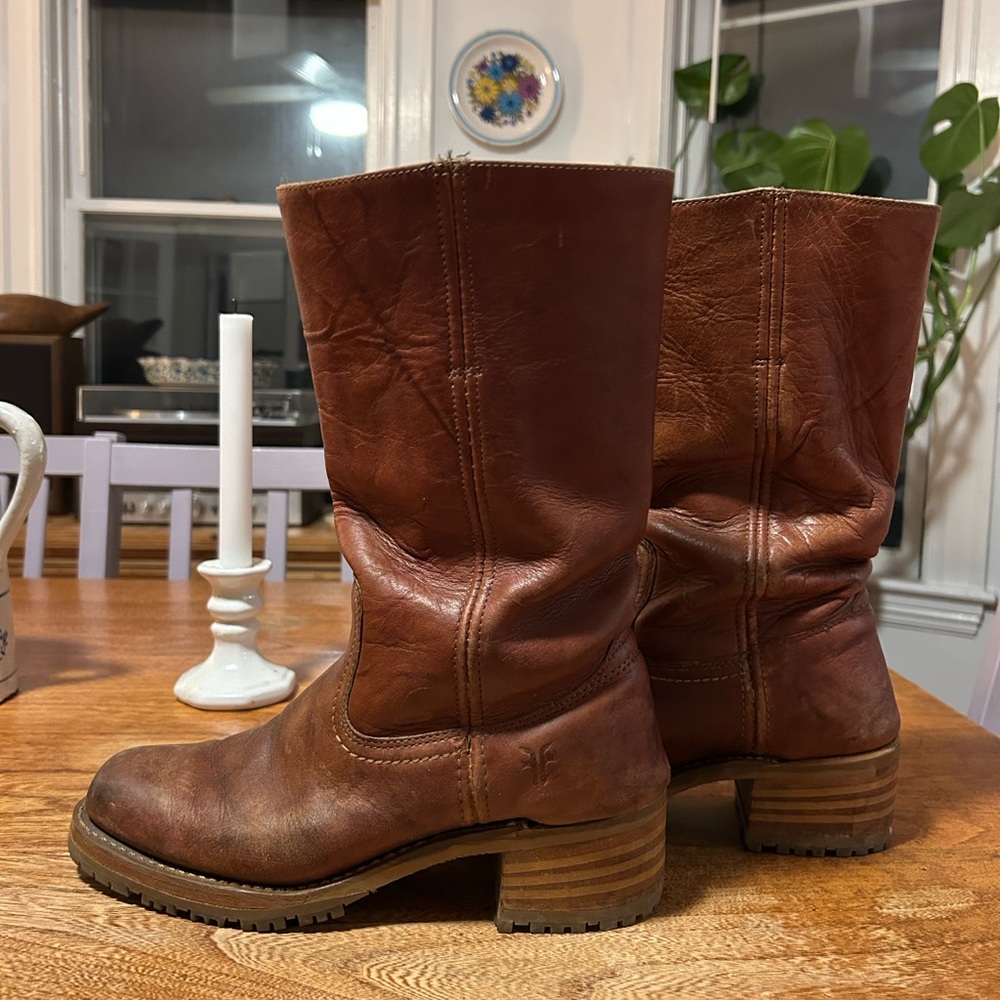 Frye Brown Heeled Boots with Chunky Wooden Heel